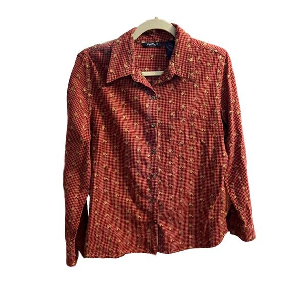 Vintage Krazy Kat Red Fall Floral Embroidered Button-Down Top, M - Picture 7 of 9